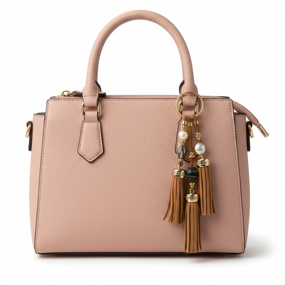 Brown Suede Bag Charm Tassel Gold Keychain with Pearl & Beads